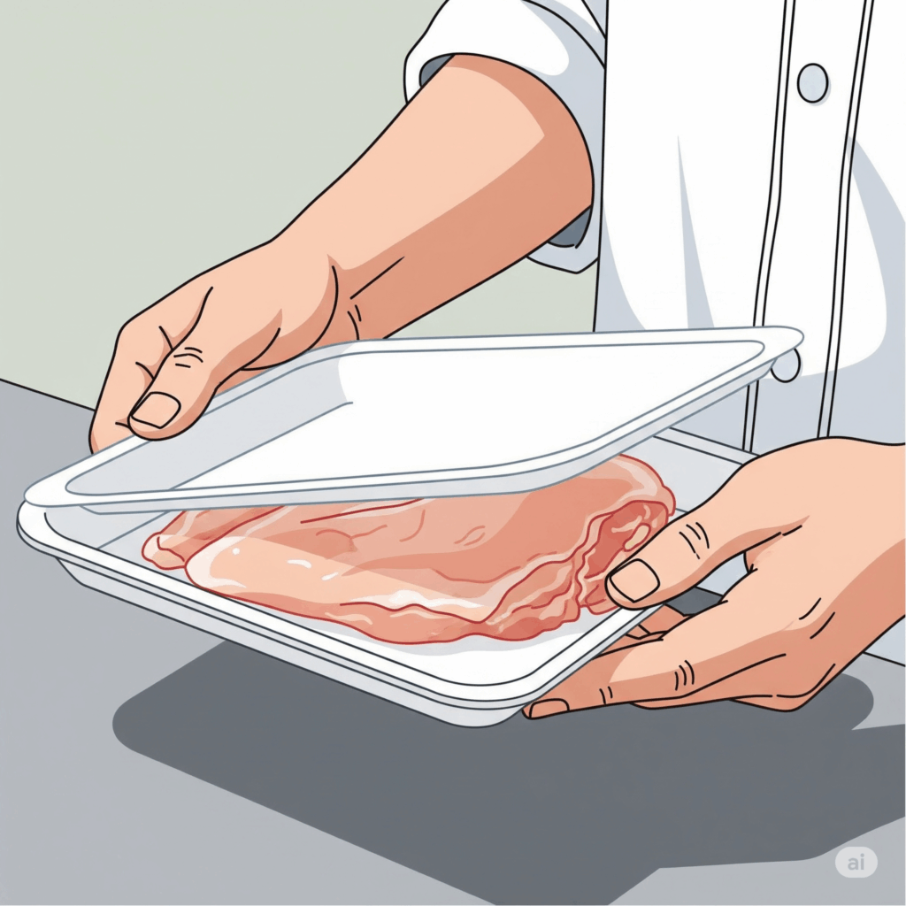 トレーに鶏むね肉のドリップ（肉汁）が出ていないかチェックする